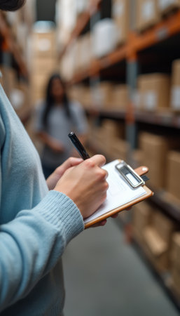 A diligent woman is writing on a clipboard in a bustling warehouse filled with neatly stacked boxes. The scene captures the essence of productivity and organization, highlighting the importance of inventory management in a fast-paced environment.の素材