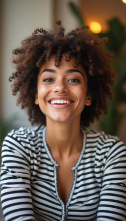 A cheerful young woman with beautiful curly hair beams with joy, wearing a striped shirt. Her radiant smile and warm expression create an inviting atmosphere, perfect for capturing the essence of happiness and positivity.の素材