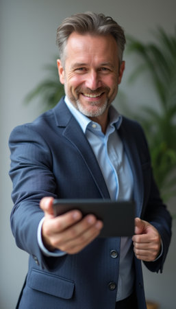 A middle-aged man in a sharp suit beams with confidence as he holds out a smartphone, inviting connection. His warm smile and professional attire exude success and approachability, perfect for business or personal branding.の素材