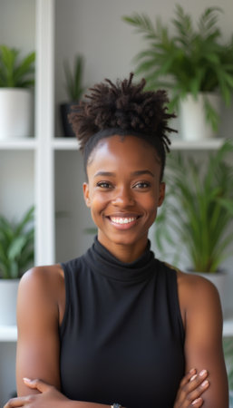 A radiant young Black woman with natural hair smiles warmly, exuding confidence in a stylish black turtleneck. Surrounded by lush green plants, the image captures a vibrant atmosphere of positivity and tranquility.の素材