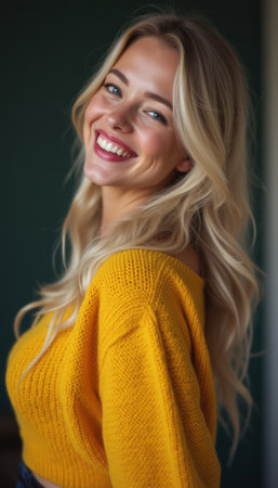 A cheerful young woman with long, flowing blonde hair smiles brightly, wearing a cozy yellow sweater that radiates warmth. Her joyful expression and vibrant attire create an inviting atmosphere, perfect for evoking feelings of happiness and comfort.の素材