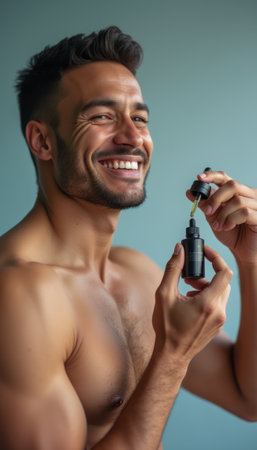 A muscular man with a charming smile holds a dropper bottle of skincare oil, showcasing his healthy skin. The image radiates confidence and self-care, highlighting the importance of grooming and personal wellness.の素材
