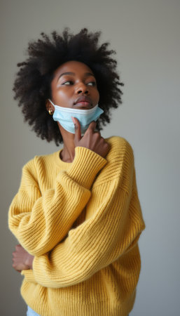 A thoughtful young Black woman wearing a cozy yellow sweater and a light blue mask poses against a neutral background. Her expression reflects introspection and resilience, capturing the essence of navigating modern challenges with style and grace.の素材