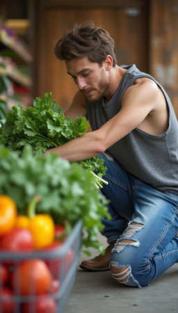A stylish young man with tousled hair kneels beside a basket overflowing with fresh vegetables, carefully selecting vibrant herbs. His casual attire and focused expression reflect a passion for healthy living and the joy of connecting with natures bounty.の素材