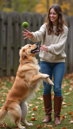 A cheerful woman in a cozy sweater engages with her playful golden retriever, who leaps joyfully to catch a green ball. The scene captures the essence of companionship and the joy of outdoor play amidst a backdrop of colorful autumn leaves.の素材
