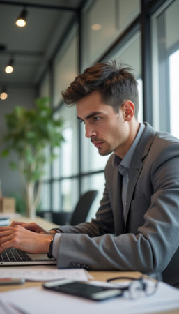 A young man in a sharp gray suit is intensely focused on his laptop in a sleek, contemporary office setting. The image captures the essence of professionalism and ambition, highlighting the determination and concentration of a modern professional in a vibrant workspace.の素材