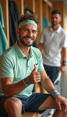 Two male tennis players, one in a mint green polo shirt giving a thumbs-up, exude happiness in a vibrant locker room. Their camaraderie and excitement reflect the thrill of sports, showcasing the joy of teamwork and achievement.の素材