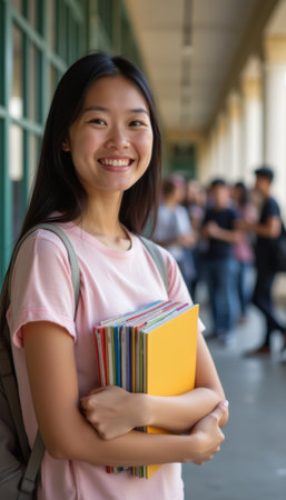 A smiling young Asian woman stands confidently in a school corridor, cradling a stack of vibrant folders. Her bright expression radiates positivity and enthusiasm for learning, embodying the spirit of youth and academic ambition.の素材