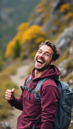 A cheerful young man with a backpack smiles broadly while hiking along a scenic trail adorned with autumn foliage. His infectious laughter captures the essence of adventure and the thrill of exploring the great outdoors.の素材