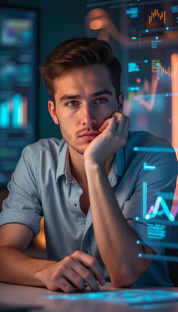 A young man with light brown hair rests his chin on his hand, gazing intently at digital graphs and data projections. The image captures a moment of deep concentration, highlighting the intersection of technology and human insight in a modern workspace.の素材