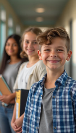 A group of three diverse students stands in a brightly lit school hallway, exuding joy and camaraderie. The boy in the foreground, with a charming smile and stylish plaid shirt, embodies youthful enthusiasm, while his friends, a girl with dark hair and another with light hair, share in the moment, showcasing friendship and academic spirit.の素材