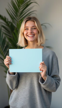 A joyful young woman with blonde hair smiles brightly while holding a blank blue sign in a cozy indoor setting. The image radiates positivity and warmth, inviting creativity and engagement with its fresh, vibrant atmosphere.の素材