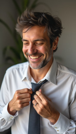 A cheerful man in a crisp white shirt is adjusting his tie with a bright smile, radiating confidence and happiness. The warm lighting and soft background create an inviting atmosphere, highlighting his joyful expression and the elegance of his attire.の素材