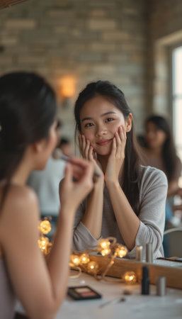 A young Asian woman gazes at her reflection with a soft smile, gently touching her face in a cozy, well-lit setting. The warm ambiance, enhanced by twinkling lights, creates an inviting atmosphere perfect for beauty and self-care.の素材