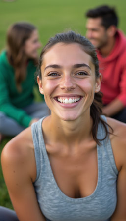 A cheerful young woman with long brown hair beams at the camera, surrounded by friends in a lush green park. Her radiant smile and athletic attire reflect a lively atmosphere of friendship and joy, capturing the essence of carefree moments spent outdoors.の素材