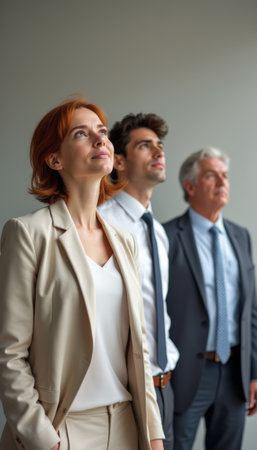 A confident woman in a light suit stands alongside two men, one in a tie and the other in a formal suit, all looking up with expressions of hope and ambition. This image captures a moment of inspiration and teamwork, reflecting their aspirations and shared vision for the future.の素材