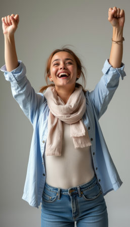 A cheerful young woman with light brown hair is joyfully raising her arms in celebration, wearing a light blue shirt and a soft scarf. Her radiant smile and bright eyes convey a sense of happiness and triumph, creating an uplifting atmosphere.の素材