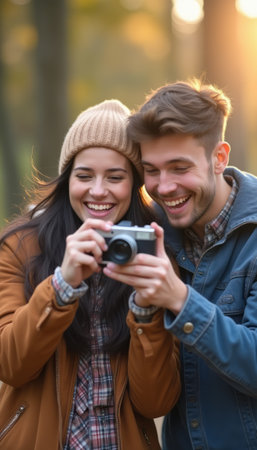 A happy couple, a woman with long dark hair and a man with short light brown hair, are smiling as they take a together in a sunlit forest. Their warm expressions and cozy outfits reflect a moment of joy and connection, highlighting the beauty of shared experiences in nature.の素材