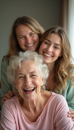 A joyful grandmother, flanked by her smiling daughter and granddaughter, radiate warmth and love in a cozy indoor setting. Their genuine laughter and bright expressions capture the essence of family bonds and cherished moments together.の素材