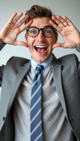 A young man in a sharp suit and glasses beams with joy, hands raised in excitement against a neutral background. His vibrant expression radiates enthusiasm and triumph, capturing the essence of achievement and positivity in a professional setting.の素材