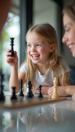A cheerful young girl holds a black chess piece high, beaming with excitement as she plays chess with her mother. The warm atmosphere captures the joy of family bonding and the thrill of friendly competition.の素材