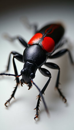 This captivating close-up showcases a striking black beetle adorned with vivid red markings, highlighting its intricate details. The image captures the beetles glossy texture and sharp features, evoking a sense of wonder about the beauty of natures smallest creatures.の素材