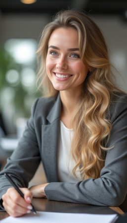 A confident young woman with long, wavy blonde hair smiles warmly while jotting down notes in a modern office setting. Her professional attire and bright demeanor radiate positivity and ambition, making her an inspiring figure in the workplace.の素材