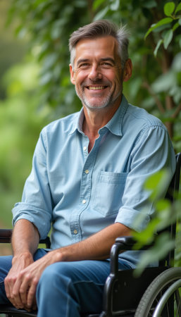 A cheerful elderly man with gray hair sits in a wheelchair, radiating warmth and positivity amidst lush green foliage. His relaxed demeanor and bright smile convey a sense of joy and resilience, celebrating lifeâs moments in nature.の素材