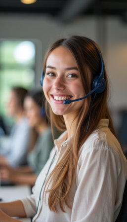 A smiling young woman with long brown hair wears a headset, exuding positivity in a modern call center environment. Her bright smile and engaging demeanor reflect a friendly and professional atmosphere, showcasing the importance of customer service.の素材