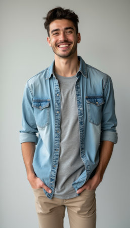 A cheerful young man stands confidently with his hands in his pockets, wearing a denim shirt over a gray t-shirt. His bright smile radiates warmth and approachability, set against a soft, neutral background that enhances his relaxed vibe.の素材