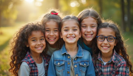Five cheerful girls of diverse ethnic backgrounds stand together, radiating happiness in a sun-drenched park. Their bright smiles and playful poses capture the essence of friendship and childhood joy, surrounded by the warm glow of nature.の素材