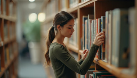 A thoughtful young woman with long brown hair browses through the shelves of a serene library, lost in the world of books. The warm lighting and wooden shelves create an inviting atmosphere, perfect for discovering new stories and knowledge.の素材