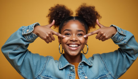 A cheerful young girl with curly hair styled in two puffs beams with joy against a vibrant yellow background. Her playful gesture of pointing at her eyes enhances the lively atmosphere, radiating happiness and confidence.の素材