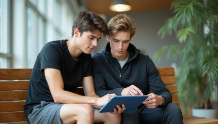 Two focused young men, one in a black t-shirt and the other in a dark hoodie, are intently reviewing content on a tablet while seated on a wooden bench in a bright, modern space. Their expressions reflect concentration and teamwork, highlighting the synergy of friendship and shared learning in a contemporary environment.の素材