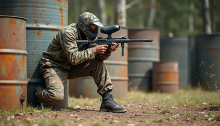A focused paintball player, clad in camouflage gear, crouches behind a barrel, aiming with precision. The scene captures the thrill of paintball, showcasing the players intense concentration and tactical positioning amidst a vibrant outdoor setting.の素材