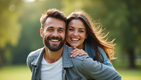 A happy couple, a man with a beard and a woman with long hair, are smiling brightly in a sunlit park. Their laughter and closeness radiate joy, capturing the essence of love and companionship in a vibrant, green setting.の素材