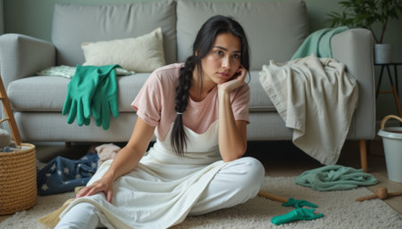 A young woman with long dark hair sits on the floor, resting her chin on her hand, surrounded by cleaning supplies and cozy textiles. Her expression reflects a mix of fatigue and contemplation, capturing the essence of a busy day at home.の素材