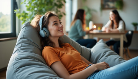 A young woman with headphones smiles contentedly while lounging on a plush bean bag in a bright, inviting living room. The scene captures a moment of tranquility and joy, with friends chatting in the background, creating a warm and friendly atmosphere.の素材