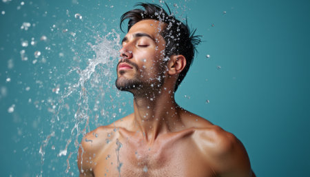 A handsome man with a chiseled jawline and closed eyes experiences a refreshing splash of water against a vibrant turquoise background. The image captures the essence of rejuvenation and vitality, showcasing the invigorating power of water on his sun-kissed skin.の素材