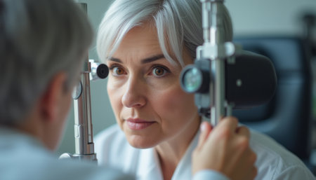 A middle-aged woman with short gray hair is attentively undergoing an eye examination, showcasing a moment of concentration and care. The optometrists equipment highlights the precision of the eye care process, emphasizing the importance of vision health.の素材
