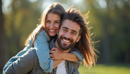 A happy couple, a young woman with long brown hair and a man with a beard, embrace joyfully in a sunlit park. Their radiant smiles and carefree expressions capture the essence of love and companionship, surrounded by a lush green backdrop.の素材