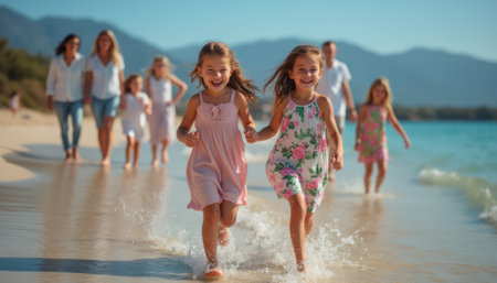 Two cheerful young girls splash through the shallow water, their laughter echoing against a stunning beach backdrop. The scene captures a moment of pure joy and family togetherness, with adults in the background enjoying a sunny day by the sea.の素材