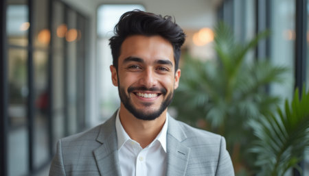 A stylish young man with a well-groomed beard and a bright smile stands confidently in a modern office space. His sharp suit and the lush greenery in the background create an inviting atmosphere, radiating professionalism and approachability.の素材