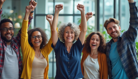 A diverse group of five individuals, including men and women of various ethnicities, joyfully raise their hands in celebration. Their bright smiles and enthusiastic expressions convey a sense of achievement and camaraderie, set against a vibrant, plant-filled backdrop.の素材