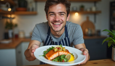 A cheerful young man with light brown hair proudly holds a plate of beautifully cooked salmon garnished with fresh greens and lemon. His bright smile radiates happiness, showcasing the joy of cooking and sharing a delightful meal.の素材