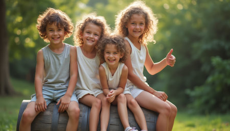 Four cheerful children with curly hair sit together on a wooden barrel, radiating happiness in a sunlit park. Their playful expressions and warm camaraderie capture the essence of childhood joy and friendship.の素材