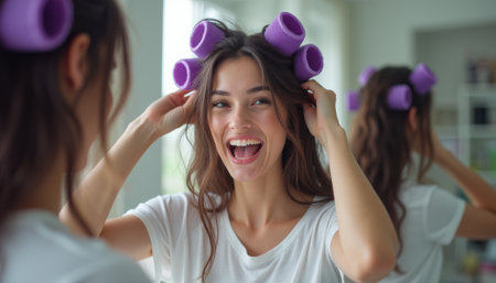 A cheerful young woman with long, flowing hair is playfully adjusting purple hair rollers in her hair while looking at her reflection in a bright, airy room. Her radiant smile and the vibrant colors create an atmosphere of excitement and beauty, perfect for a day of self-care.の素材