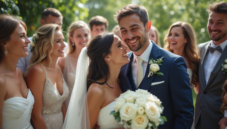 A radiant bride and groom share a tender moment, surrounded by a joyful group of friends celebrating their love. The scene captures the essence of happiness and togetherness, with vibrant smiles and elegant attire enhancing the festive atmosphere.の素材