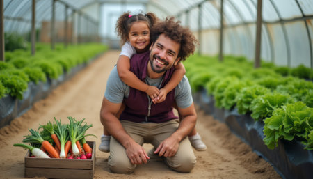 A smiling father kneels in a lush greenhouse, playfully embracing his cheerful daughter from behind. Surrounded by vibrant green lettuce and a wooden crate filled with fresh vegetables, this heartwarming scene captures the joy of family bonding and the beauty of nature.の素材