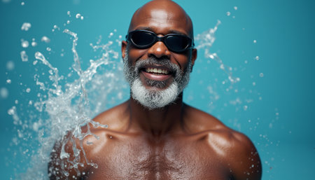 A cheerful elderly Black man with a silver beard smiles broadly while water splashes around him against a vibrant turquoise background. His sunglasses add a playful touch, capturing the essence of joy and vitality in a refreshing moment.の素材